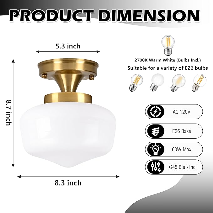 Brass Schoolhouse Ceiling Light 8" Mid Century Lights Fixtures Milk Glass Light Fixture School House Lights Fixture Ceiling Semi Flush Mount Ceiling for Bedroom Bathroom (Bulb Incl.)