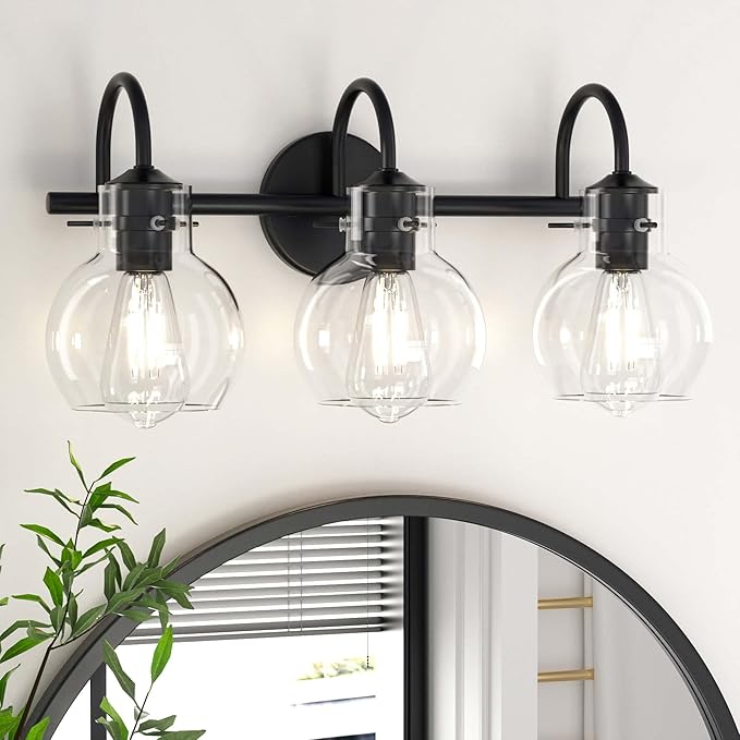 Black Vanity Light, Modern 3 Light Bathroom Light Fixtures Over Mirror Matte Black Bathroom Vanity Light with Globe Glass Shade, E26 Base, 17 Inch, UL Listed