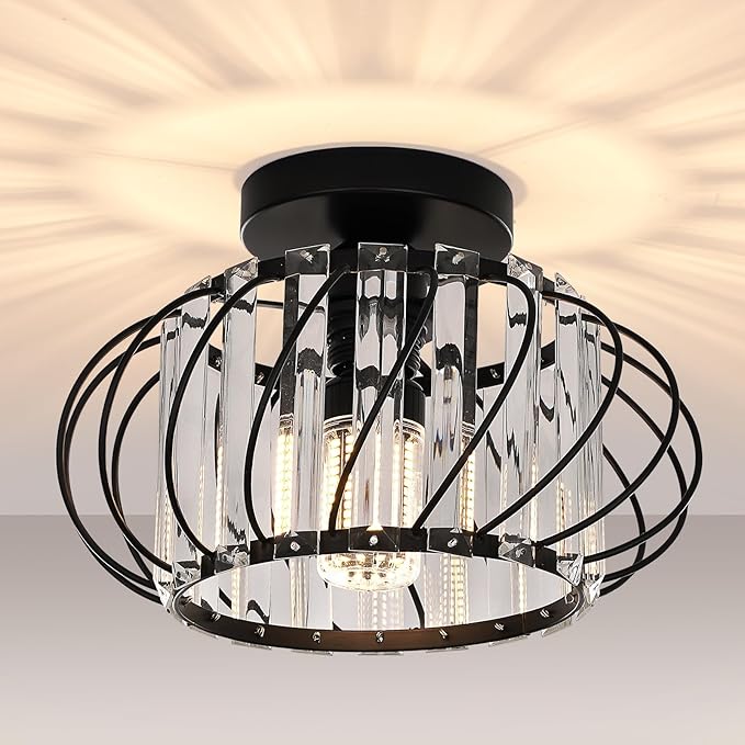 Black Crystal Ceiling Light Fixture - Small Crystal Chandelier Semi Flush Mount Ceiling Light Modern Hallway Lights fixtures for Entryway Bedroom Porch Kitchen (11 Inch, Bulb not Included)