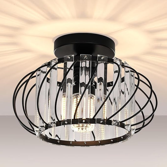 Black Crystal Ceiling Light Fixture - Small Crystal Chandelier Semi Flush Mount Ceiling Light Modern Hallway Lights fixtures for Entryway Bedroom Porch Kitchen (11 Inch, Bulb not Included)