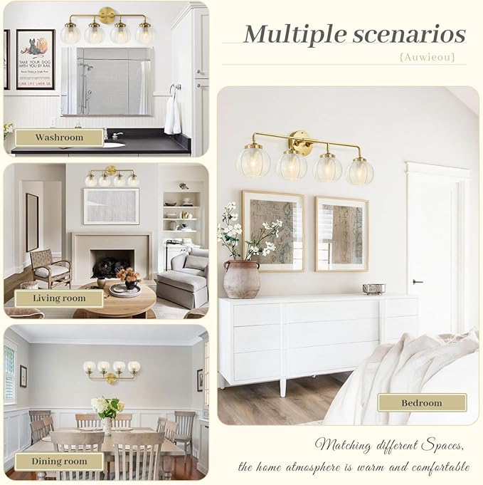 4 Light Gold Vanity Lights with Clear Glass Shades, Vintage Bathroom Vanity Lighting Over Mirror, Modern Wall Sconce Bathroom Wall Light Fixture Wall lamp for Living Room Bedroom