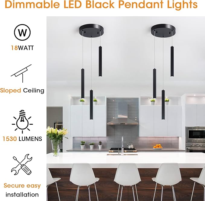 3-Light Modern Pendant Lights with Adjustable Height, Matte Black Finish Dimmable Hanging Light, 3000-6000K Pendant Lighting for Kitchen Island Dining Room (Black, 3-Light)