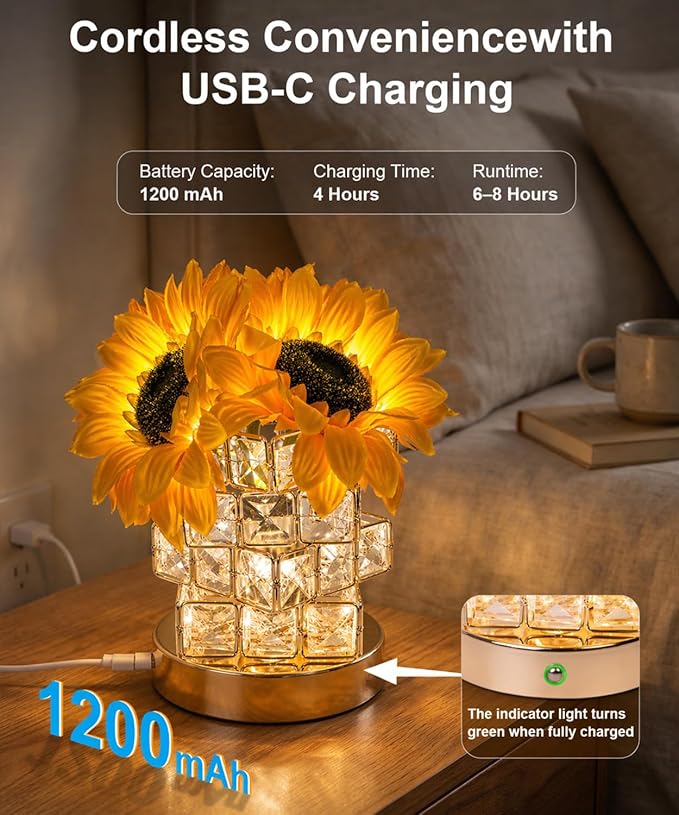 Fussion Sunflower Lamp, Mothers Day Gifts for Women, Rechargeable Flowers Night Light, Cordless Decorative Table Lamp with 3 Color Temperatures, Birthday Gifts for Grandma Girlfriend, Bedroom Decor