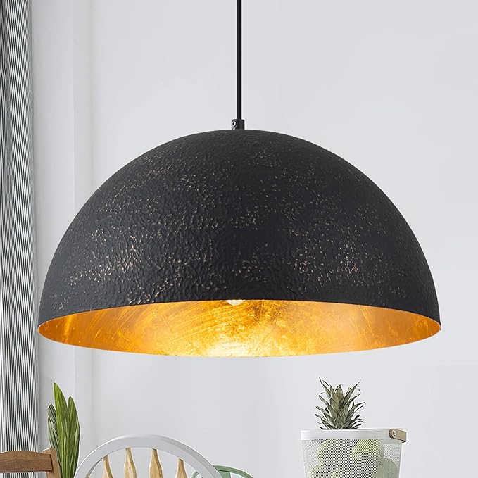 15.7" Farmhouse Pendant Light,Black with Gold Grain Industrial Large Dome Light Fixture,Adjustable Vintage Chandelier for Kitchen Island,Dining Room,and Bedroom