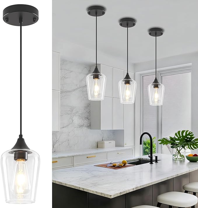 3-Pack Black Pendant Lights Kitchen Island, Modern Glass Pendant Lighting Over Island Kitchen Hanging Light Fixtures Hallway Pendant Lights for Bathroom Dining Room Entryway Foyer Bedroom