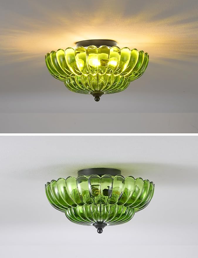 Semi Flush Mount Ceiling Light, Green Glass Ceiling Light Fixture, 3-Bulb Modern Black Close to Ceiling Light, Vintage Glass Ceiling Lights for Bedroom Kitchen Living Room, Bulb Not Included