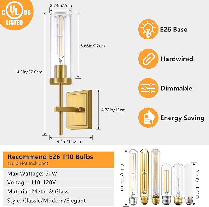 Gold Wall Sconces Lighting Set of 2, Hardwired Bathroom Vanity Light Fixture with Clear Glass Shade, Farmhouse Wall Mounted Lights for Mirror Bedroom Living Room Kitchen (Bulbs Not Included)