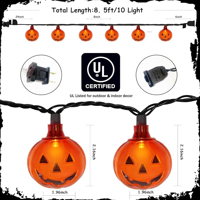 Abeja Pumpkin String Lights, 8.5Ft Halloween String Lights with 10 Smiling Jack O Pumpkins Lights, Plug in Outdoor Orange Pumpkin Decoration Lights for Halloween Party Holiday Decor