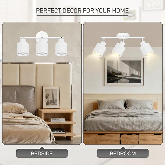 3-Light Led Track Lighting,White Ceiling Lighting Fixtures,Wall Sconces Ceiling Spotlight with Foldable Light Arms for Kitchen, Closet, Bedroom,GU10 Socket, Bulbs Not Included