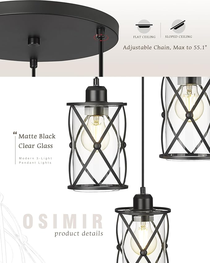 Black Dining Room Chandelier Light Fixtures, 3-Light Pendant Lighting with Clear Glass, Modern Kitchen Island Cluster Hanging Pendant Lights for Sink, CH9176BK3