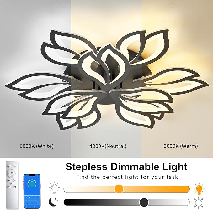 Modern Ceiling Light with APP & Remote Control, Dimmable LED Flush Mount Chandelier with 3-Color, Black Acrylic Flower Ceiling Light Fixture for Living Room Dining Room Bedroom Kitchen-9-Leaves