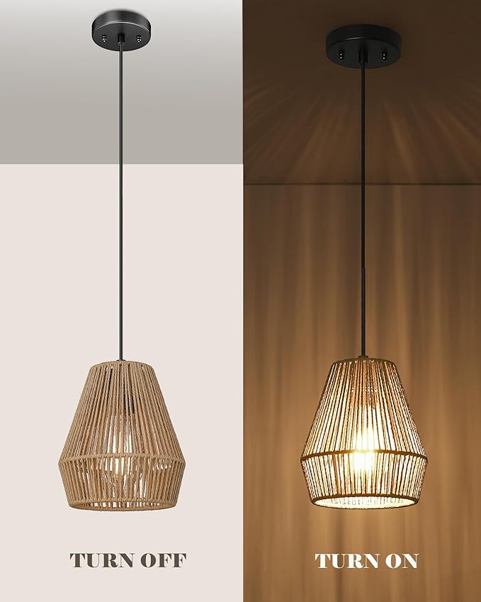 ELYONA Woven Pendant Lights, 7” Rustic Rattan Hanging Lamp Adjustable Handwoven Basket Shade, Boho Pendant Light Fixtures for Kitchen Island, Dining Room, Bedroom, Farmhouse Bar, Foyer Hallway, Brown
