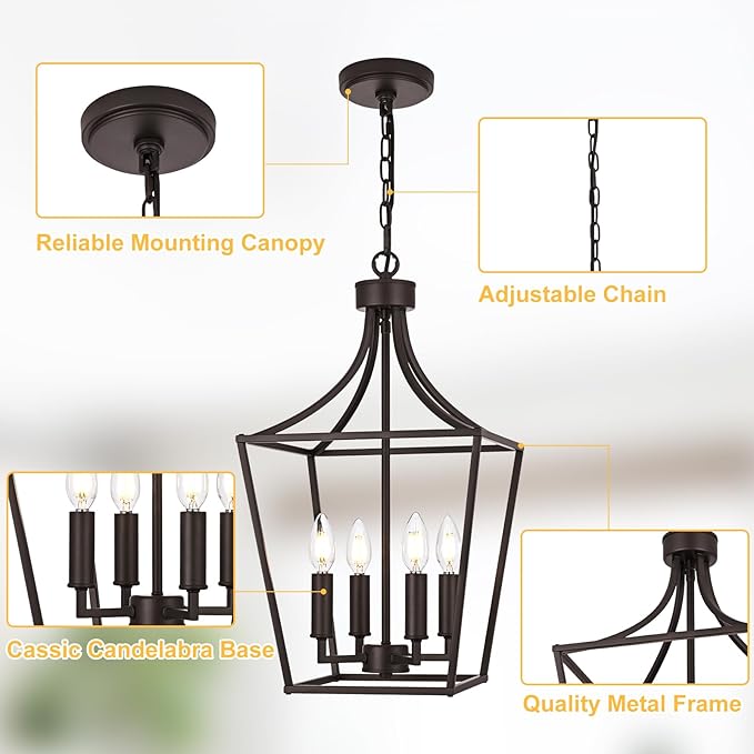 4-Light Farmhouse Lantern Chandelier, Height Adjustable Pendant Light Fixture Hanging Kitchen Lighting for Foyer Dining Room Over Table, E12 Bulb Base & Oil Rubbed Bronze