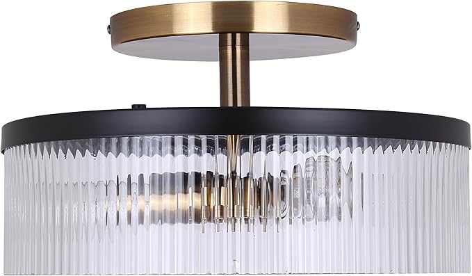 Canarm Jenner 3-Light Semi-Flush Mount Ceiling Light, 15-Inch Matte Black and Gold Finish with Ribbed Glass, Contemporary Lighting for Living Room, Bedroom or Dining Room