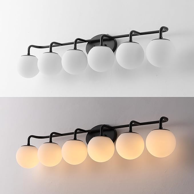 JONATHAN Y 40" Black Modern Globe Wall Sconce Vanity Light for Bathroom, White Frosted Glass Shade, Midcentury Parisian Bistro Wall Lamp, LED Bulb Included (JYL3560B)