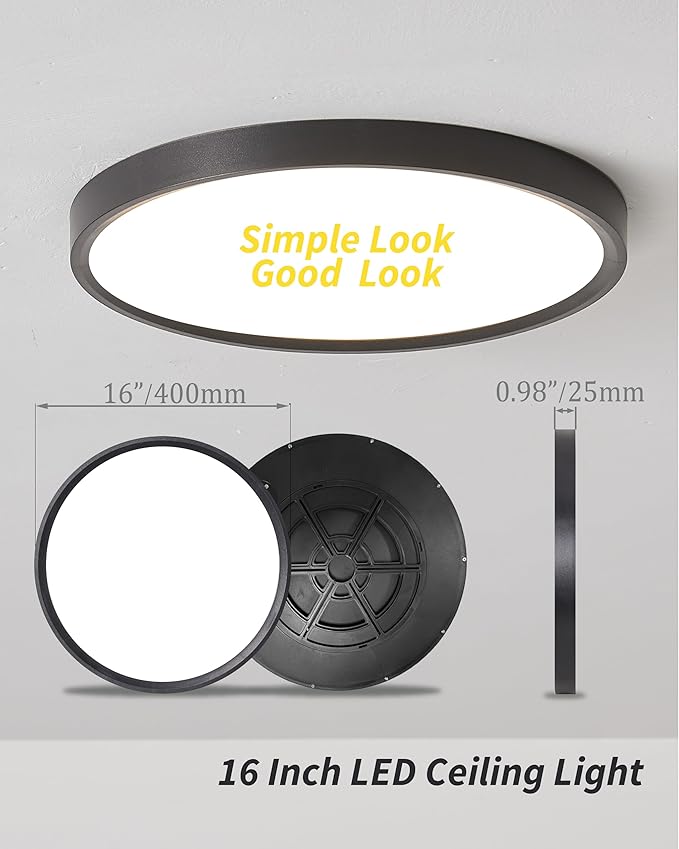1Pack 16 Inch Dimmable LED Flush Mount Ceiling Light Panel,32W 3480LM,3000K/4000K/6000K CCT Selectable,Ultra Thin Round Black Ceiling Light Fixture for Hallway Kitchen Bedroom Home Office Bathroom