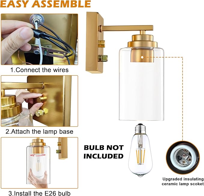 Pia Ricco Wall Sconces Set of 2, Bedside Wall Lamps with Rotary Switch for Bedroom, Modern Bathroom Light Fixtures with Clear Glass Shade, Gold Sconces Wall Lights for Living Room, Hallway, Kitchen