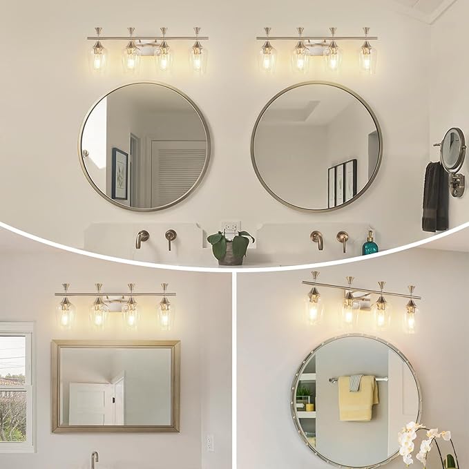 Bathroom Light Fixtures (4-Light, 29 Inch), Brushed Nickel Vanity Lights for Bathroom with Clear Wine Glass Glass Shade, Modern Vanity Wall Lights for Mirror Bedroom Living Room Kitchen Hallway Porch
