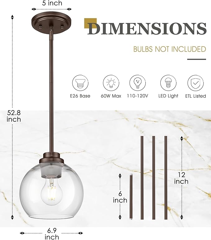 Pendant Lights Kitchen Island, 7" Oil Rubbed Bronze Hanging Lights Fixtures with Clear Glass Globe Shade, Modern Kitchen Island Lighting for Bathroom, AD-22280-1P-ORB