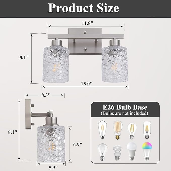 Mecgirn Stainless Steel Bathroom Vanity Light Over Mirror, 2 Light Brushed Nickel Bathroom Light Fixtures with Textured Glass Shades, Ceramic E26 Sockets Wall Mounted