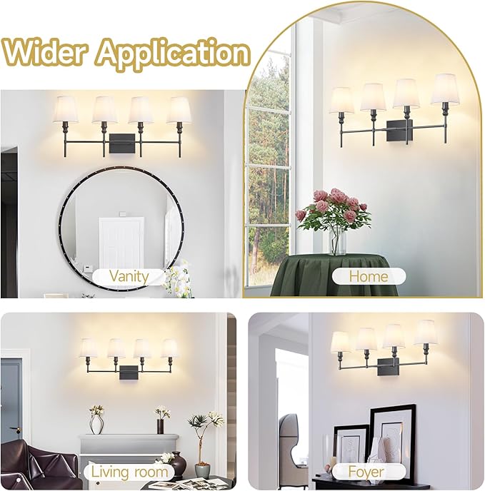 Black Bathroom Vanity Light 4 Light，32.3In Vintage Bathroom Light Fixtures Over Mirror,Hardwired Vanity Wall Sconce with Flared White Fabric Lampshade for Bedroom,Living Room,Foyer,E12 Base