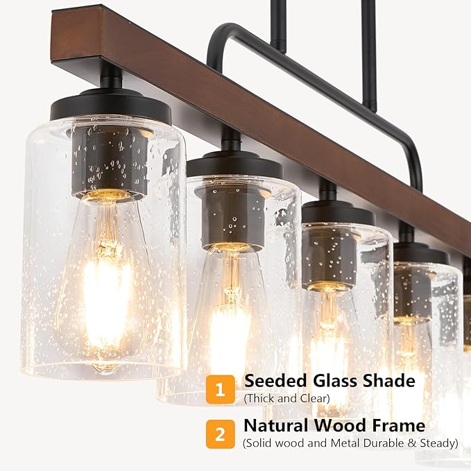 Farmhouse Chandelier 6-Light Dining Room Light Fixture Over Table Kitchen Island Lighting Rustic Chandeliers for Dining Light with Seeded Glass Shade Wood Pendant Lights Kitchen Island
