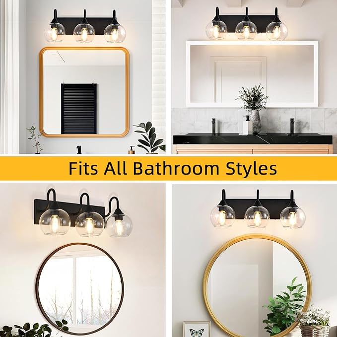 Bathroom Light Fixtures, 3-Light Matte Black Vanity Light Over Mirror, Modern Wall Sconces 21" with Clear Glass Globe Shade, Bathroom Wall Lights for Mirror Kitchen Bedroom Hallway