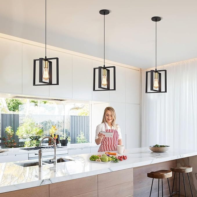 Black Pendant Lights for Kitchen Island Industrial Lantern Pendant Light Fixtures with Golden Lamp Cup, Farmhouse Adjustable Height Hanging Pendant Lighting
