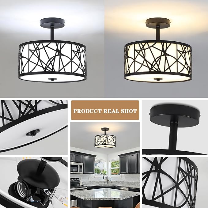 BUXVRCS Semi Flush Mount Ceiling Light, Unique 3-Light Drum Light Fixture with Fabric Shade, Kitchen Light Fixtures Ceiling Mount, Modern Close to Ceiling Lamp for Living Room (Black)