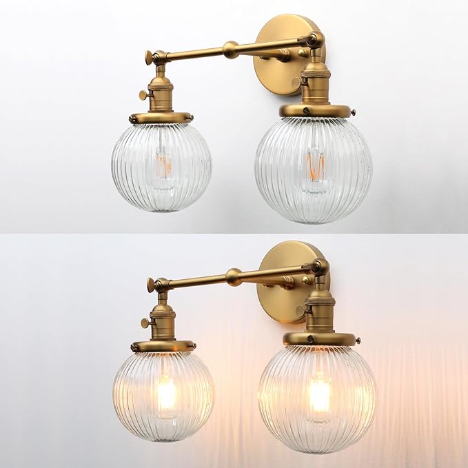 PERMO 2 Lights Sconce with Switch Industrial Gold Wall Sconce Lighting with Ribbed Globe Lampshade Vintage Double Wall Sconce Bathroom Sconce, Hardwired, E26 Base