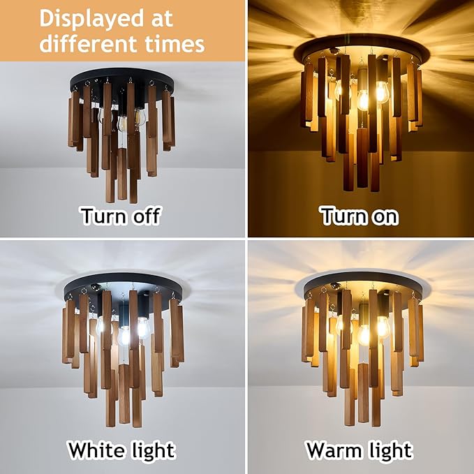 Motion Sensor Semi Flush Mount Ceiling Lights Boho Wood Light Fixture 3-Light Farmhouse Chandelier Oak and Black Ceiling Lighting with E26 for Kitchen Living Room Entryway Bedroom Dining Room