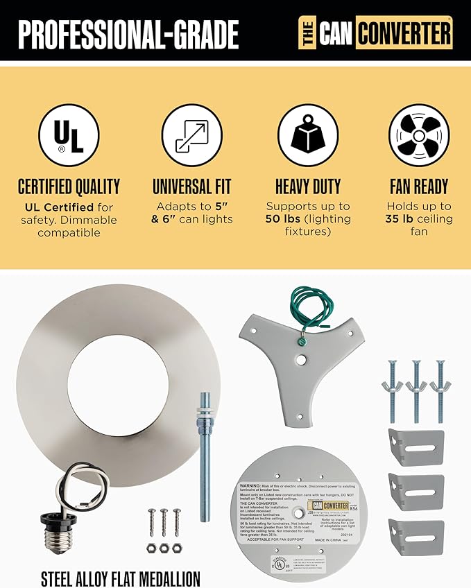 The Can Converter R56 Recessed Can Light Conversion Kit w/ 7"¾ Flat Ceiling Medallion - Home Improvement for 5" & 6" Cans, Converter Kit for Ceiling Fan & Light Fixture, UL Certified, Polished Chrome