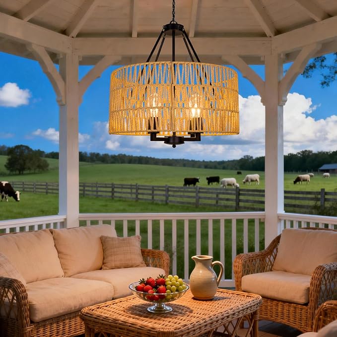 Solar Outdoor Chandelier, 4-Light 19" Rattan Outdoor Chandelier, Solar Hanging Pendant Waterproof Lights, for Gazebo, Pergola, Porch, Patio, Backyard