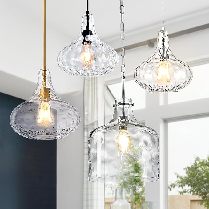 CATINER 11" Clear Glass Pendant Light – Large Hand-Blown Glass Shade with Hammered Texture and Gold Finish, Adjustable Ceiling Hanging Light for Kitchen Island, Dining Room, Hallway, Living Room