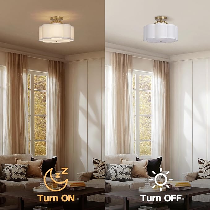 Semi Flush Mount Ceiling Light, 11.8" Modern 3-Light Fixture with Petal-Shaped Cream White Fabric Shade and Golden Support Arm, Ideal for Bedroom, Kitchen, Living Room, Hallway, and Entryway