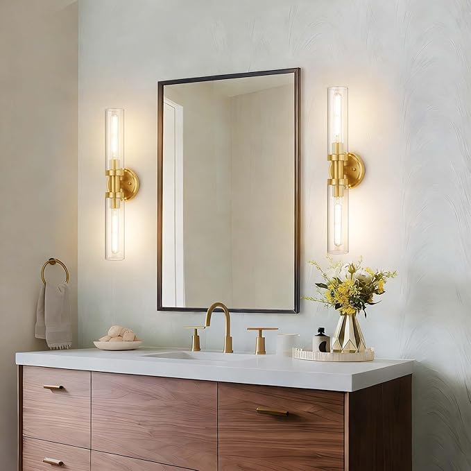 SANTOSTOCK Hardwired Wall Sconces Set of 2, Brushed Gold Bathroom Wall Sconces Vanity Light Fixture with Clear Glass, Modern Farmhouse Wall Lights for Bathroom Mirror Living Room Hallway Kitchen