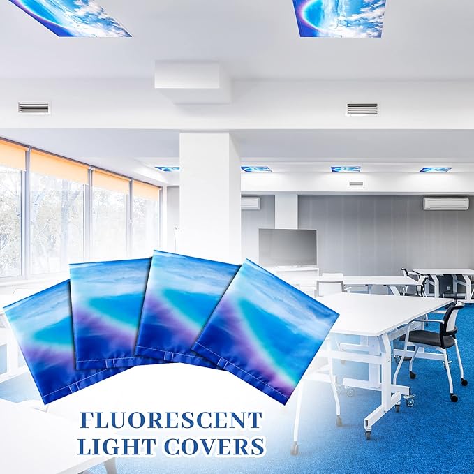 Hortsun 12 Pcs Fluorescent Light Covers Bulk, 4 x 2 ft Magnetic Fluorescent Drop Ceiling Lighting Covers Light Filter Shade for Home, Office, Hospital, School Classroom Decoration(Rainbow in Blue Sky)