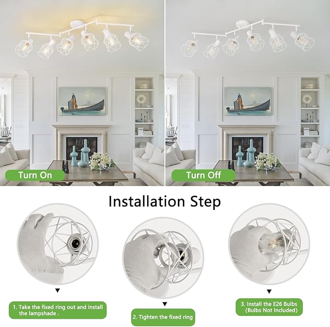 WILON Track Lighting Fixtures, 6 Light Kit Flush Mount Ceiling Spotlight, White Kitchen Light, Flexibly Rotatable Head, E26 Base