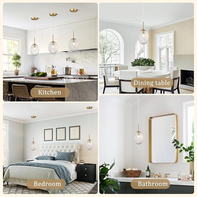 Glass Pendant Lights Kitchen Island Gold Pendant Light Fixtures with Hand-Blown Clear Glass Hanging Light Brass Gold Pendant Lighting for Kitchen Sink Bedroom Dining Room, E12