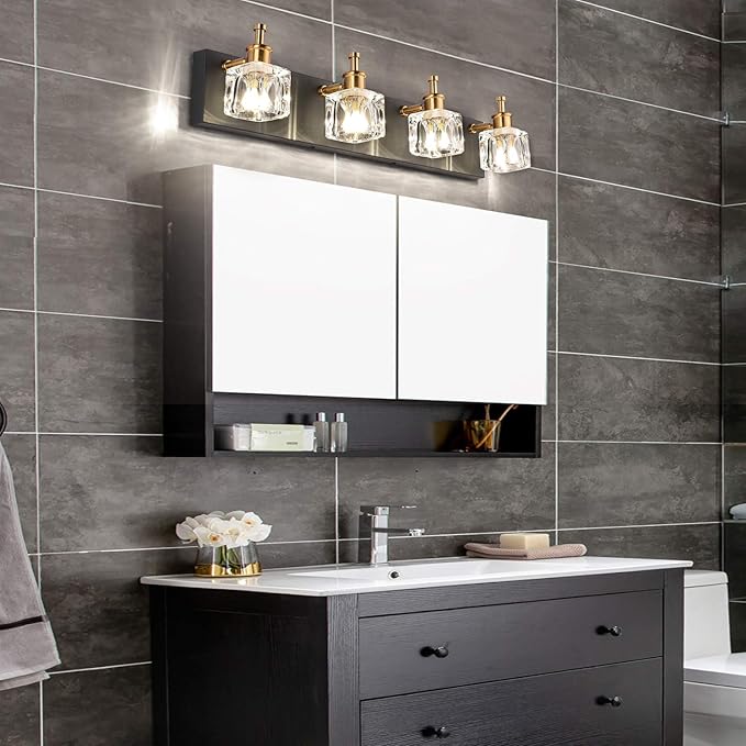 PRESDE Modern Black Bathroom Vanity Light Fixtures Over Mirror LED 4 Lights Crystal Bath wall Lighting