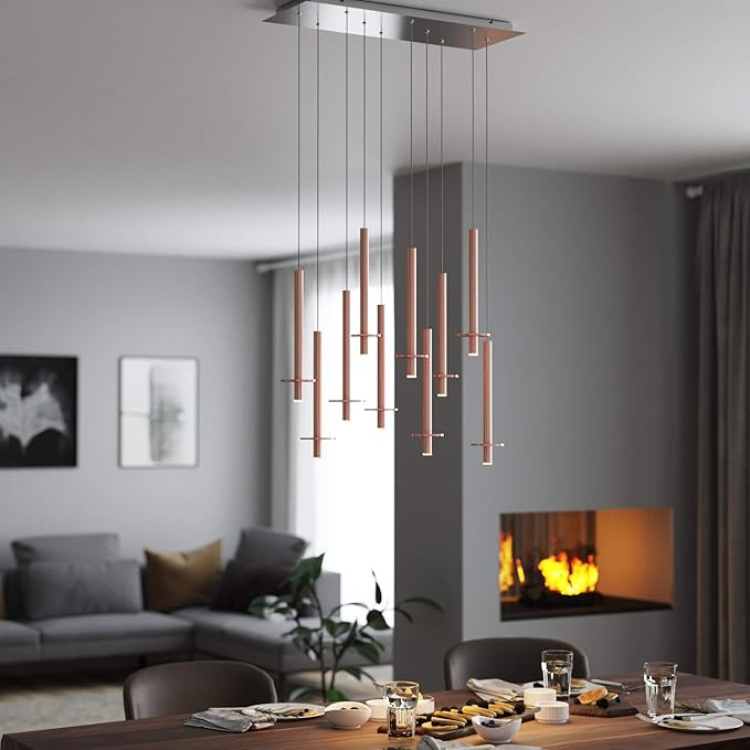 Draco 10 Pendant Lighting Copper – LED Hanging Light Fixture for Kitchen Island, Bar, Foyer – Equilateral Cluster of Mini Metal Rod Pipe Tube Cylinders – Dimmable, Adjustable Wire, Lamp Bulb Included