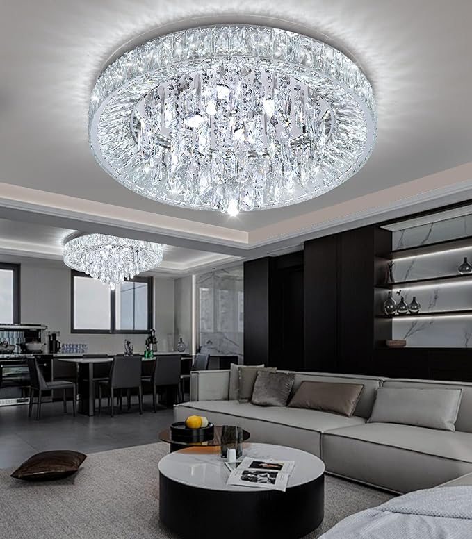 23.6" Modern Crystal Chandeliers LED Dimmable Flush Mount Ceiling Chandeliers for Living Room Entrance Foyer Bedroom Silver