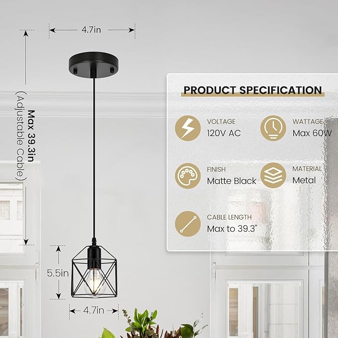 1-Light Hanging Pendant Light Fixture, Black Pendant Lights Kitchen Island, Farmhouse Pendant Lighting with Bedroom Dining Room, E26 Base, Bulbs Not Included, 4 Packs