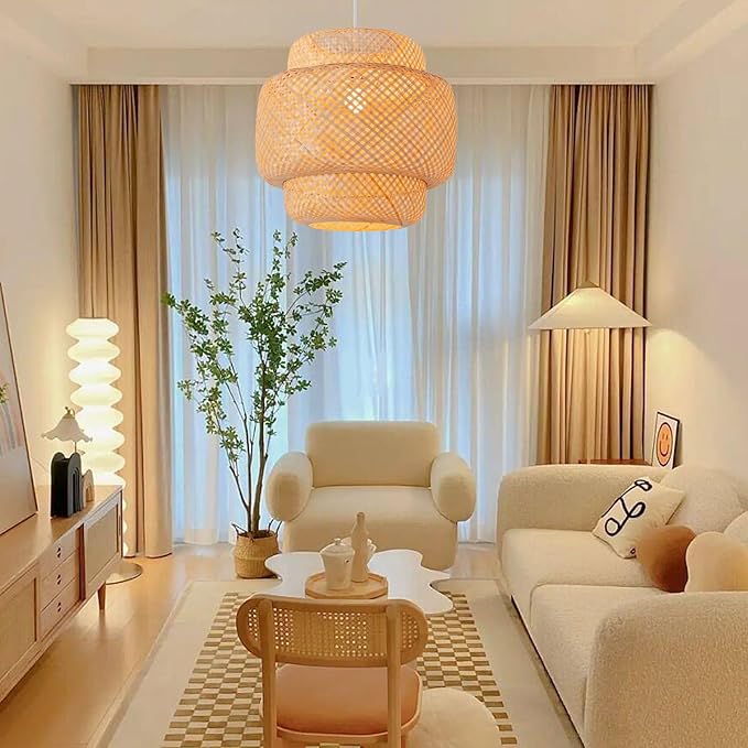 Bamboo Pendant Light,15.75" Hand-Woven Boho Rattan Hanging Lamp,1-Pack Farmhouse Wicker Chandelier for Dining Living Bedroom Kitchen