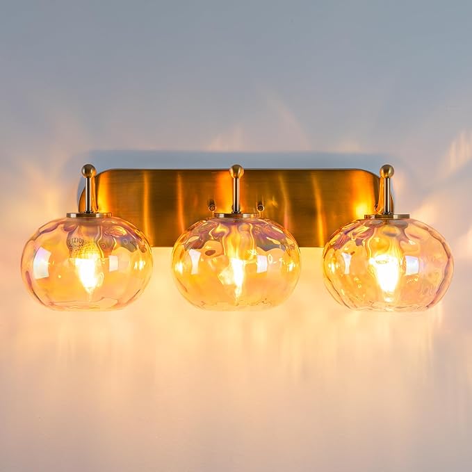 23" Brushed Gold Vanity Light Stained Amber Hammered Glass Wall Sconce 3-Light Brass Wall Lamp for Hallway Living Room Stairwell Bathroom Over Mirror