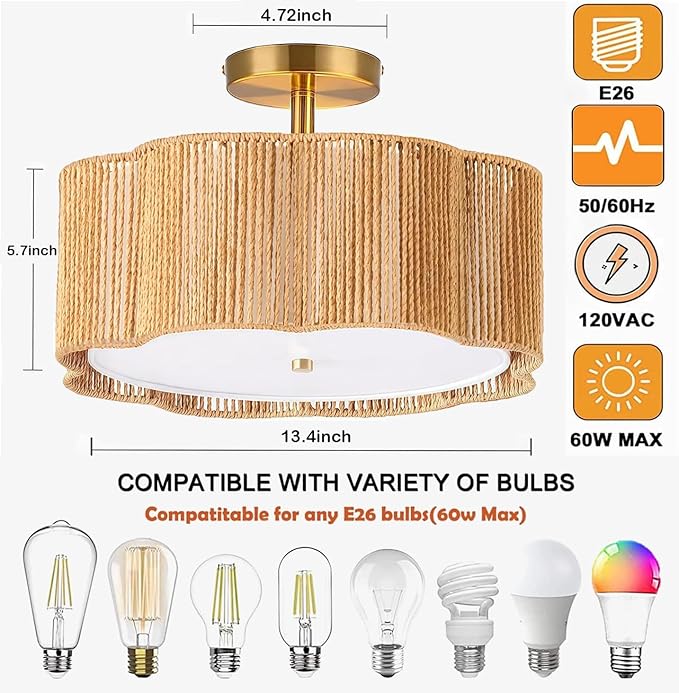 13.4" Rattan Flush Mount Ceiling Light Fixtures,3-Light Boho Light Fixtures Ceiling Mount for Bedroom,Small Rattan Chandelier,Gold Mini Chandelier Lighting for Dining Room Hallway Kitchen