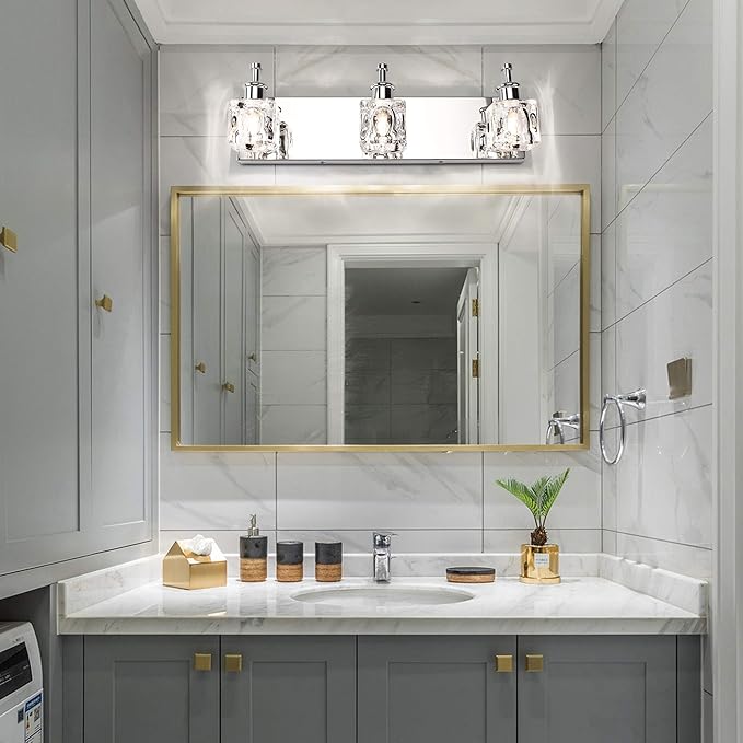 PRESDE Modern 3-Light Bathroom Vanity Lights Crystal Chrome Bathroom Lights Fixture Over Mirror LED Bath Wall Lighting
