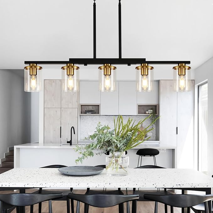 36.2inch 5-Light Kitchen Island Lighting,Dining Room Lights Modern Farmhouse Chandelier with Clear Glass Shade,Modern Rustic Black and Gold Metal Chandelier, Kitchen Pendant Light Fixtures