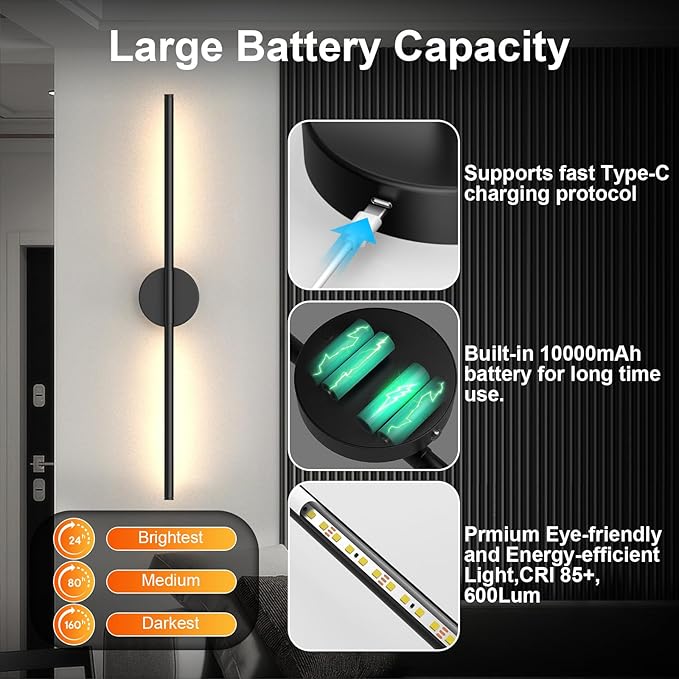 Tartek Battery Operated Wall Sconces Set of Two, Rechargeable Wall Lights with Remote Control, Dimmable 3000K-6000K LED Wall Lamp, 360°Rotate, Long Wireless Sconces for Living Room, Bedroom