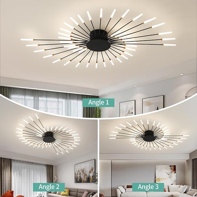 ziidoo Modern Ceiling Light, 42 Lights Metal Firework Designed Chic Led Lighting Fixture for Farmhouse Kitchen Dining Room Bedroom Hallway Living Room (Black)